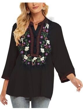 Laura Ashley Black Embroidered Floral Tunic Blouse